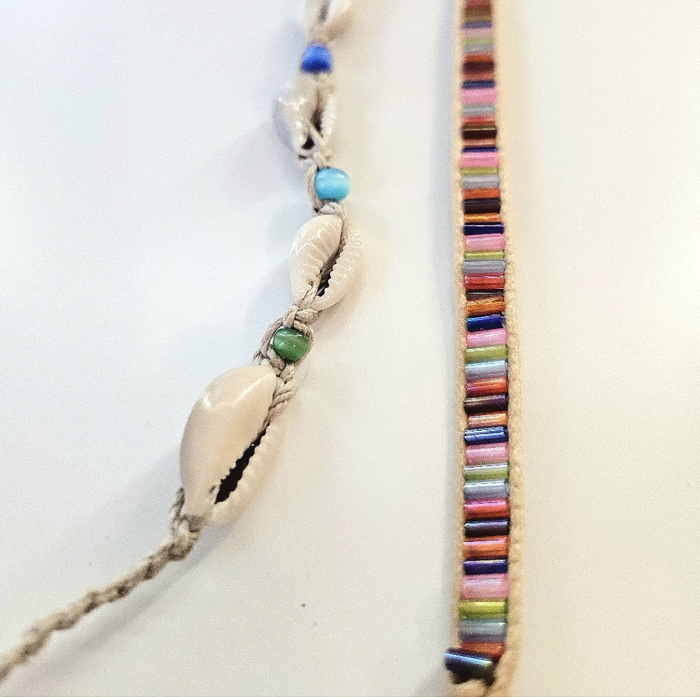 Set Of 2 Beach Hemp Twine Colorful Beaded Sea Shells Bracelets Ankle Bracelets